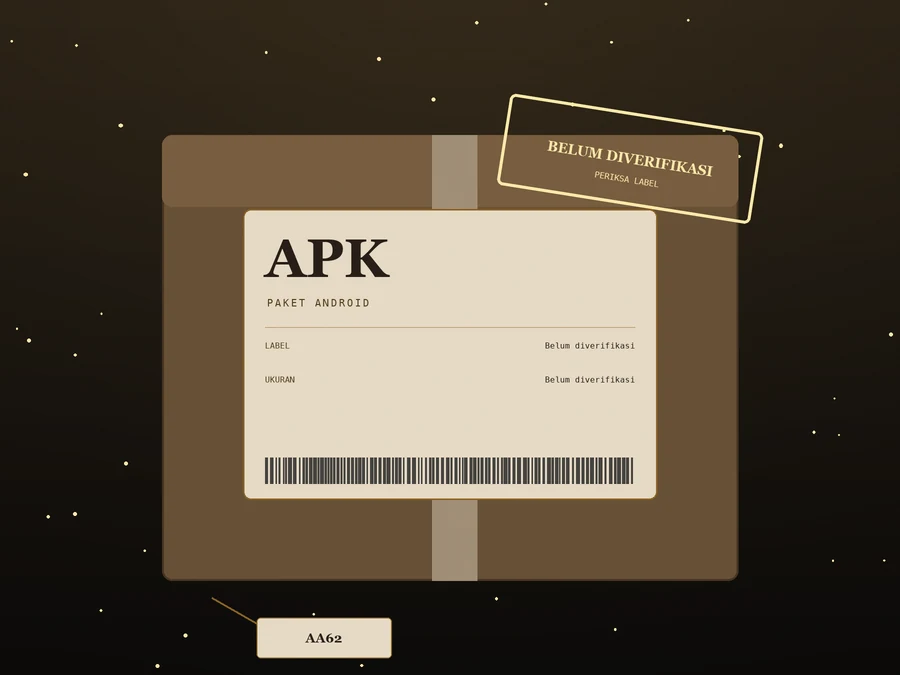 Paket kertas kraft dengan label putih bertuliskan APK, dua baris nilai belum diverifikasi, barcode, cap miring BELUM DIVERIFIKASI, dan label AA62 di tepi bawah.