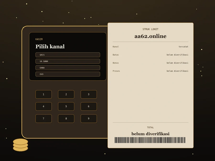 Terminal kasir dengan layar daftar kanal QRIS, VA BANK, DANA, dan OVO, tombol angka, serta struk kertas yang mencatat batas, bonus, dan proses sebagai belum diverifikasi.