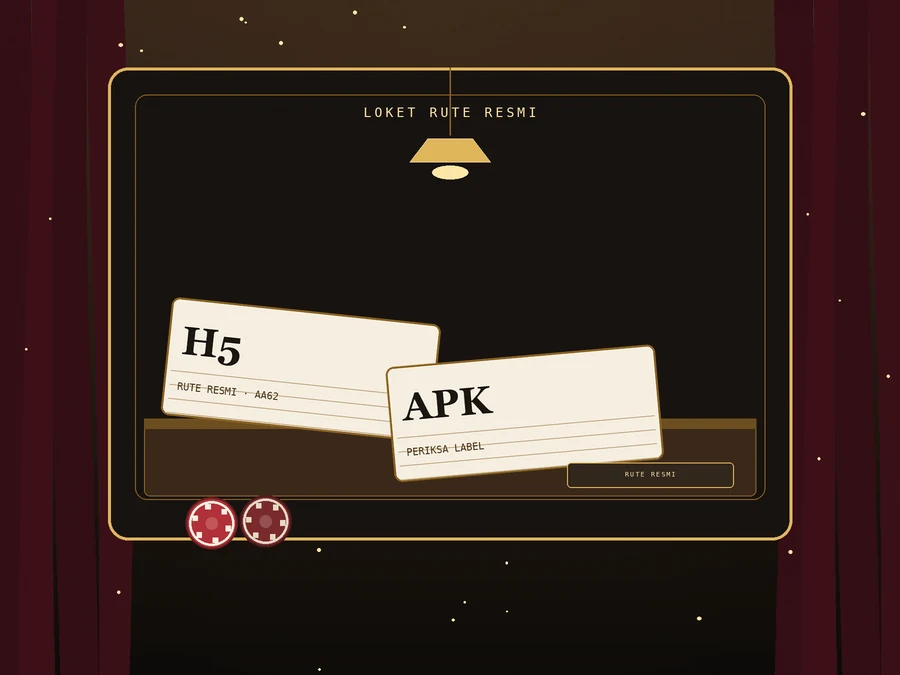 Loket kuningan dengan papan LOKET RUTE RESMI, lampu gantung, dua stik tiket H5 dan APK di atas meja, plakat RUTE RESMI, dan dua chip merah di tepi bawah.