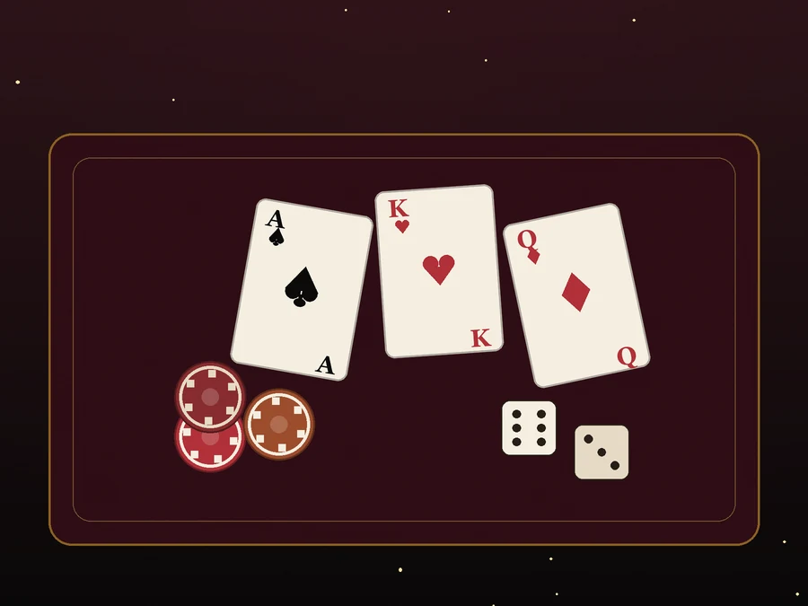 Meja kain burgundi dengan kartu A sekop, K hati, dan Q wajik, tiga tumpukan chip merah dan emas, serta dua dadu di sisi kanan.